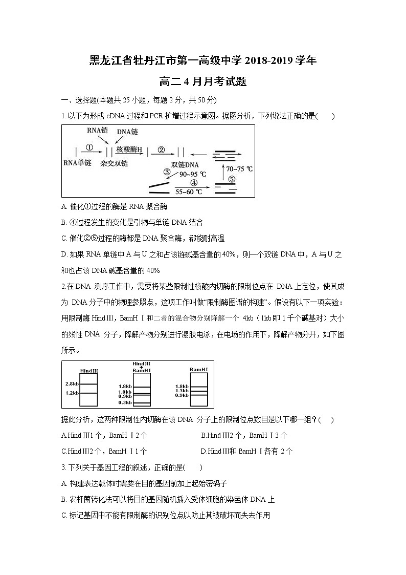 【生物】黑龙江省牡丹江市第一高级中学2018-2019学年高二4月月考试题01