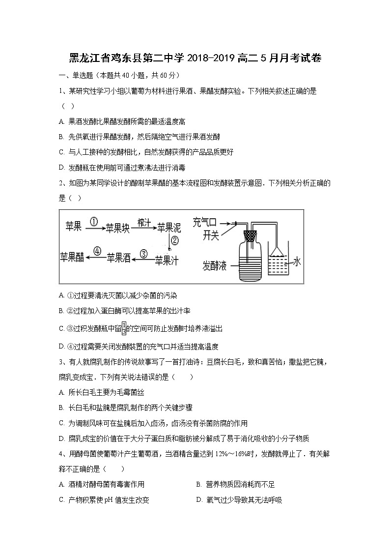 【生物】黑龙江省鸡东县第二中学2018-2019高二5月月考试卷01