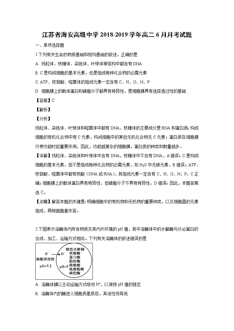【生物】江苏省海安高级中学2018-2019学年高二6月月考试题（解析版）01