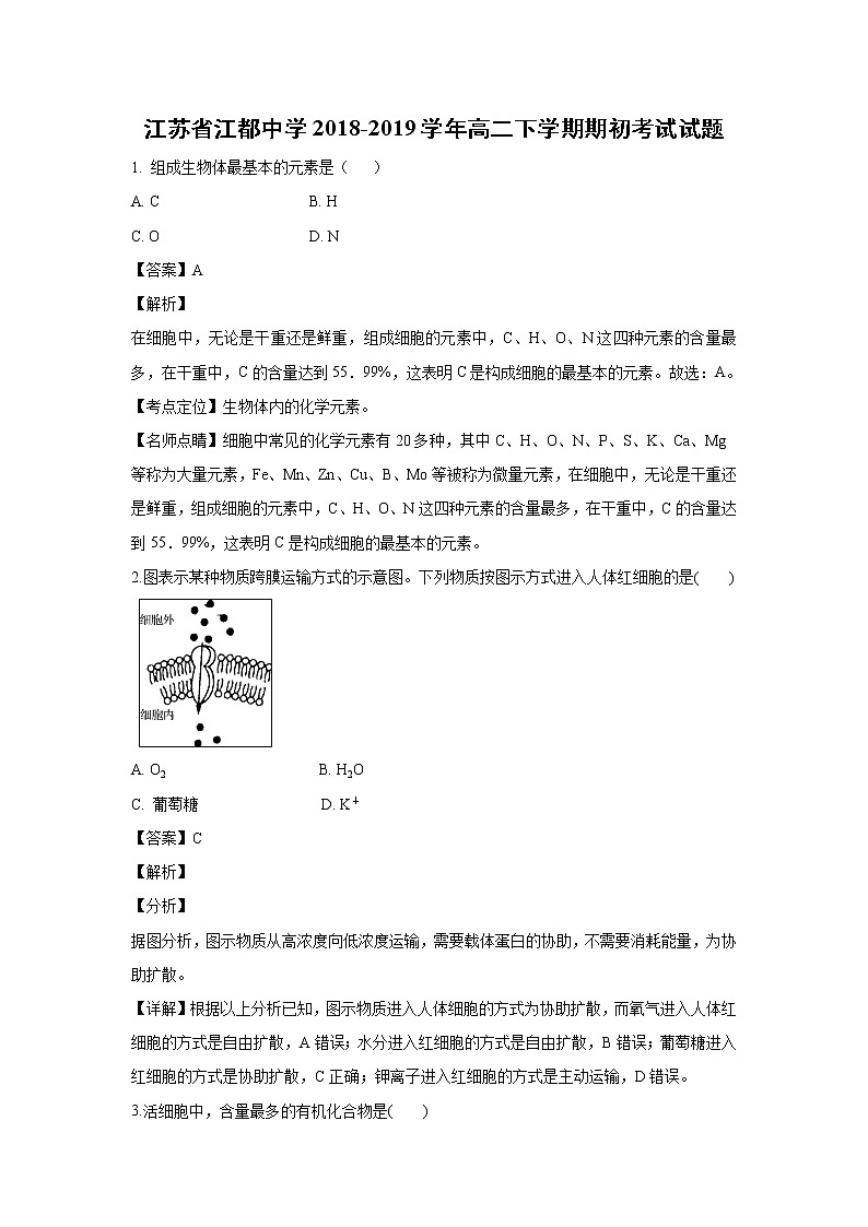 【生物】江苏省江都中学2018-2019学年高二下学期期初考试试题 （解析版）01