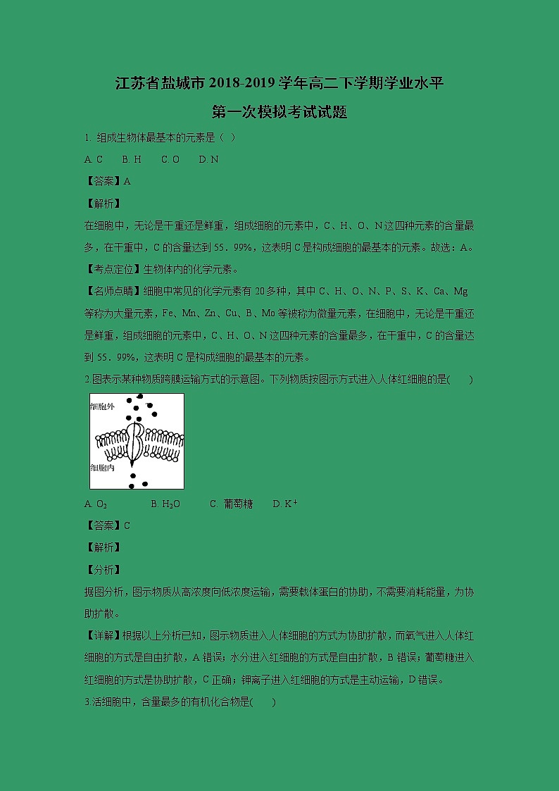 【生物】江苏省盐城市2018-2019学年高二下学期学业水平第一次模拟考试试题 （解析版）01