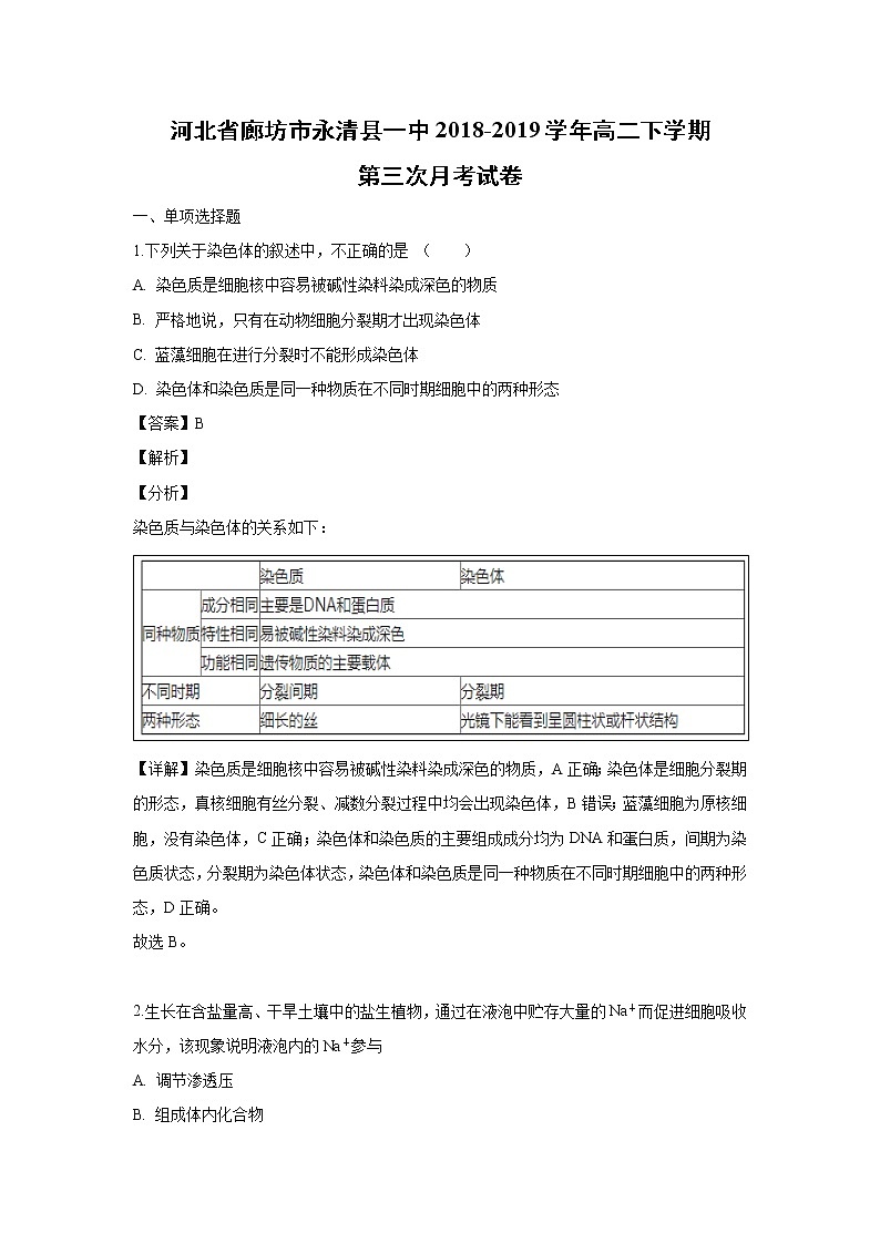 【生物】河北省廊坊市永清县一中2018-2019学年高二下学期第三次月考试卷（解析版）01
