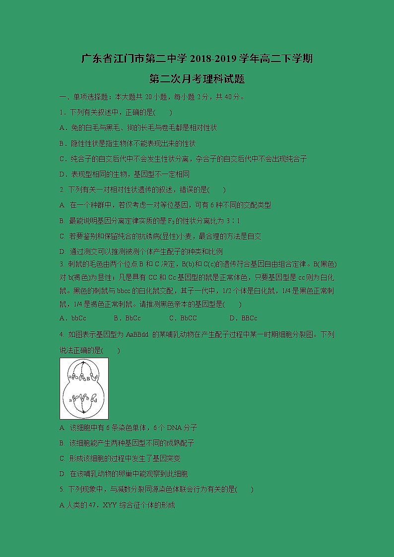 【生物】广东省江门市第二中学2018-2019学年高二下学期第二次月考理科试题01