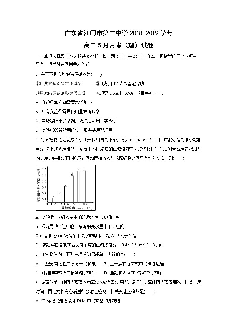 【生物】广东省江门市第二中学2018-2019学年高二5月月考（理）试题01