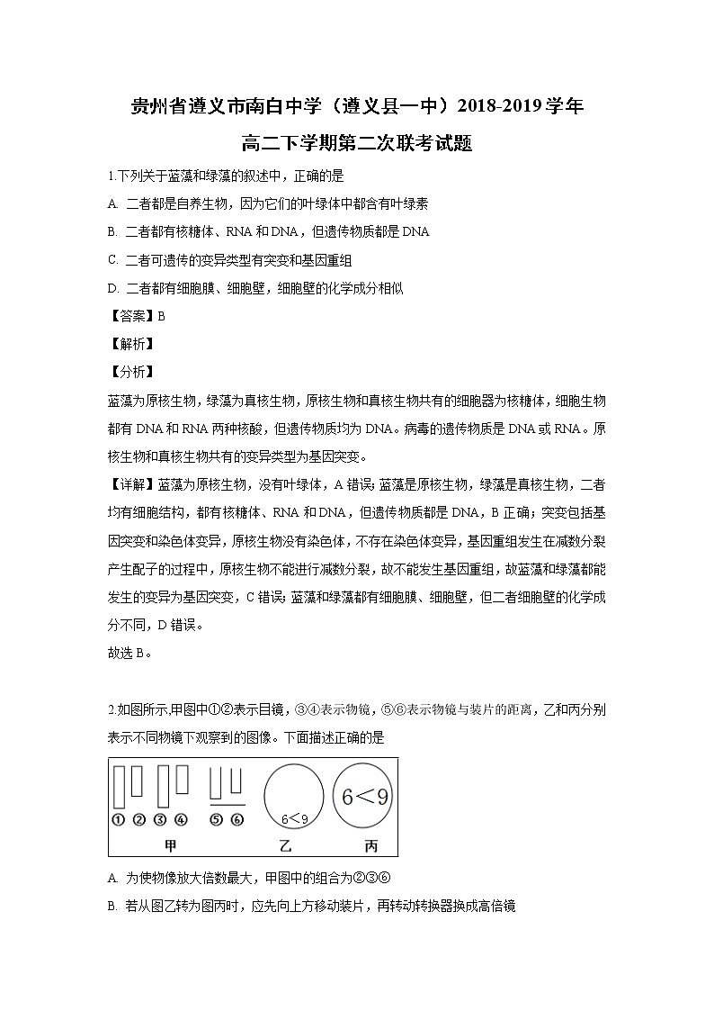 【生物】贵州省遵义市南白中学（遵义县一中）2018-2019学年高二下学期第二次联考试题（解析版）01