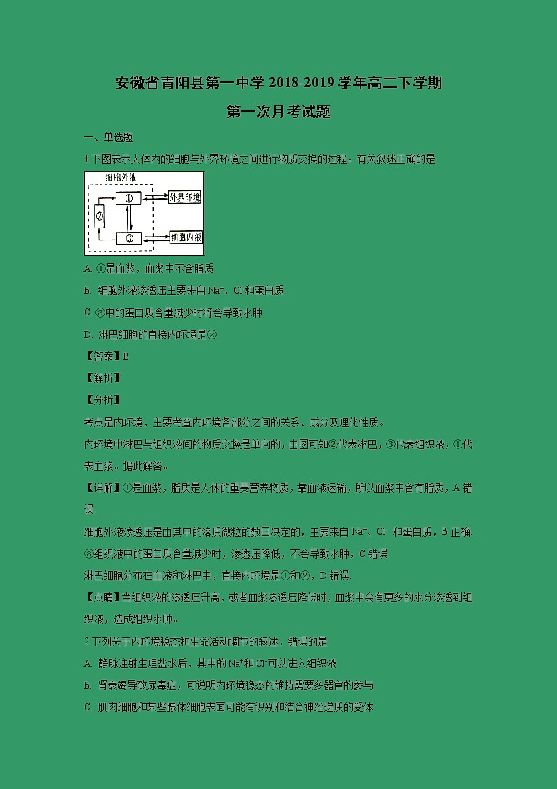 【生物】安徽省青阳县第一中学2018-2019学年高二下学期第一次月考试题（解析版）01
