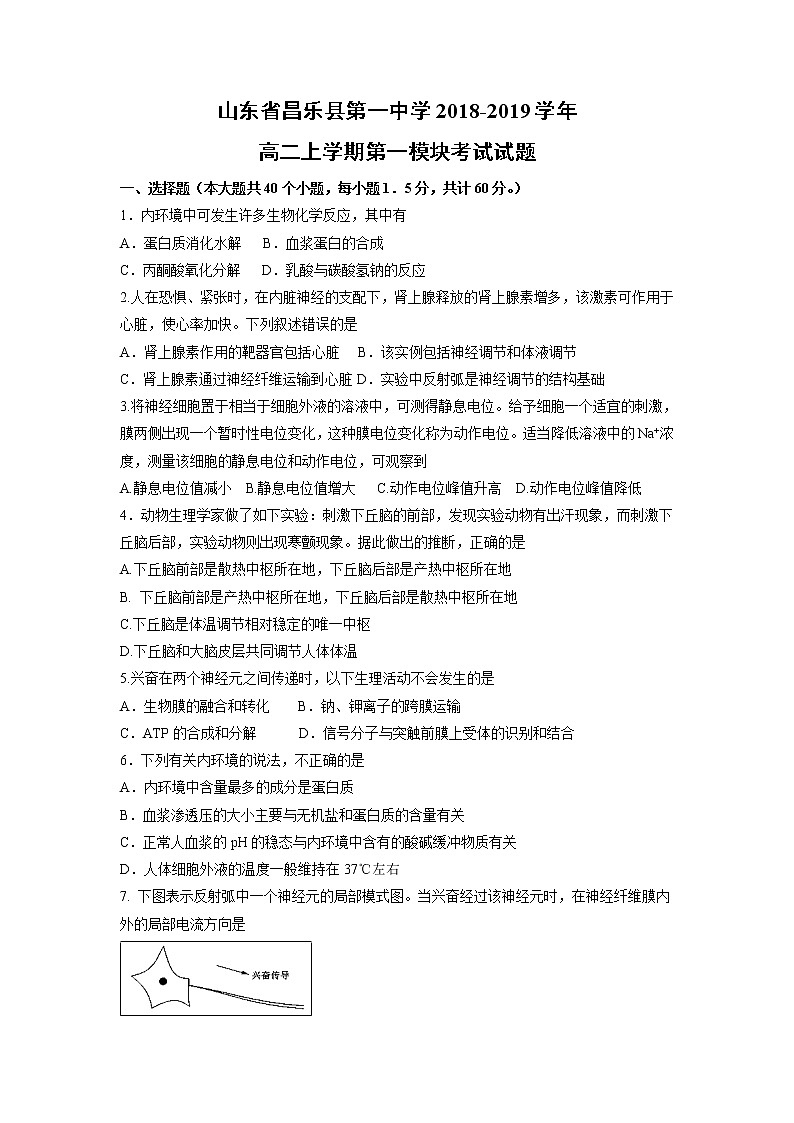 【生物】山东省昌乐县第一中学2018-2019学年高二上学期第一模块考试试题01