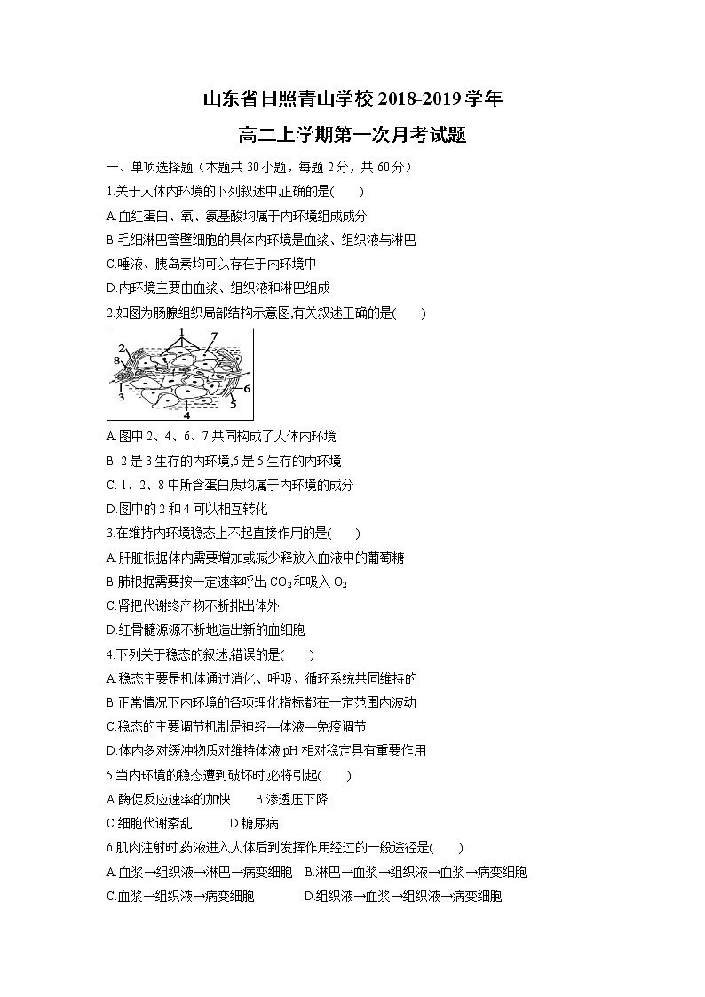 【生物】山东省日照青山学校2018-2019学年高二上学期第一次月考试题01