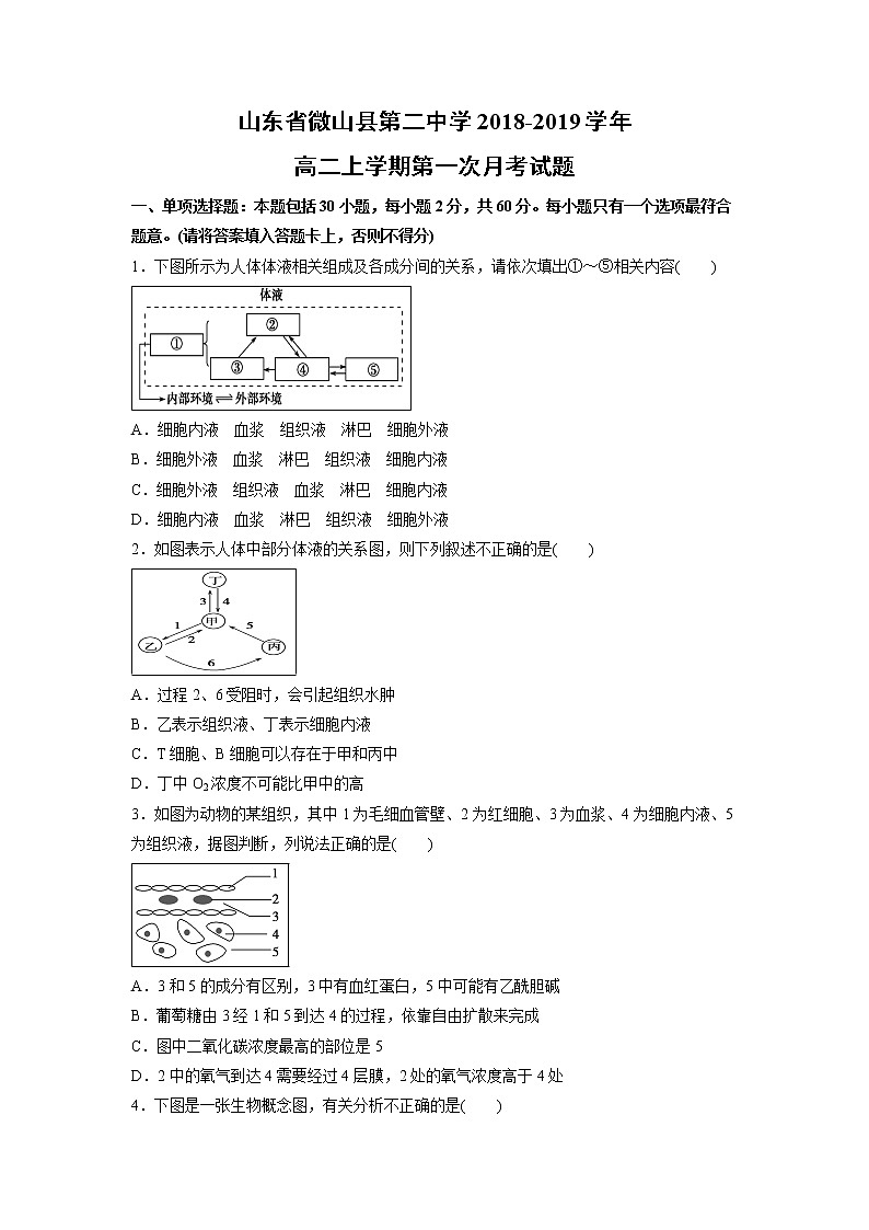 【生物】山东省微山县第二中学2018-2019学年高二上学期第一次月考试题01