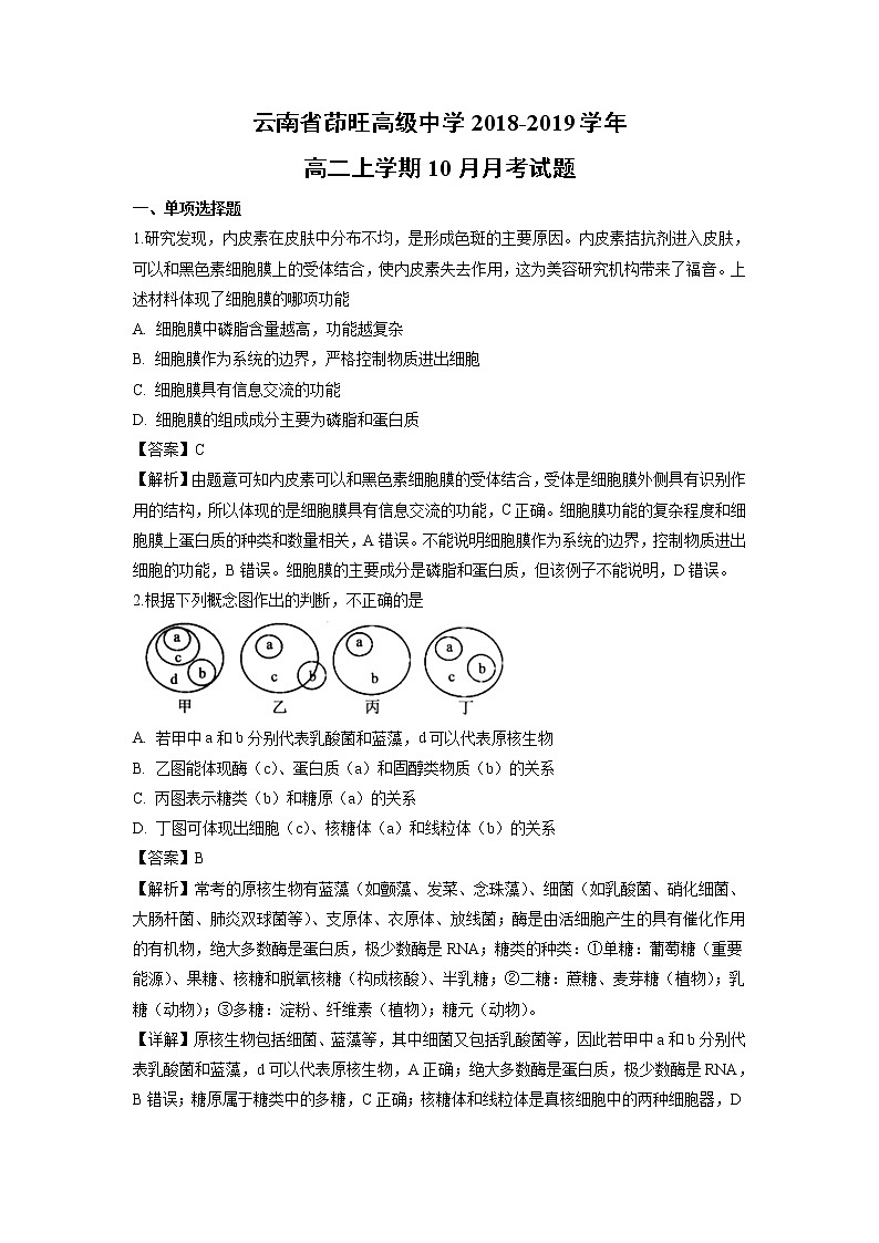 【生物】云南省茚旺高级中学2018-2019学年高二上学期10月月考试题（解析版）01