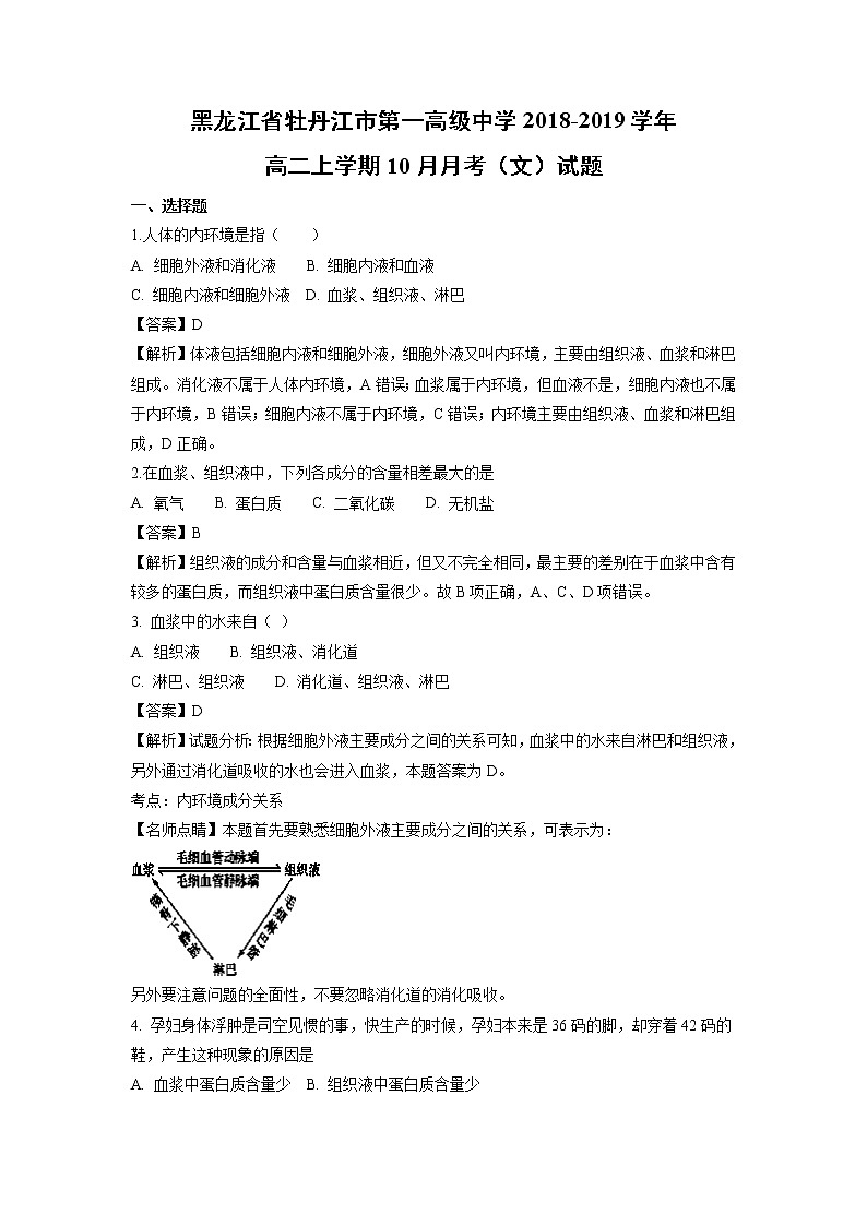 【生物】黑龙江省牡丹江市第一高级中学2018-2019学年高二上学期10月月考（文）试题（解析版）第1页