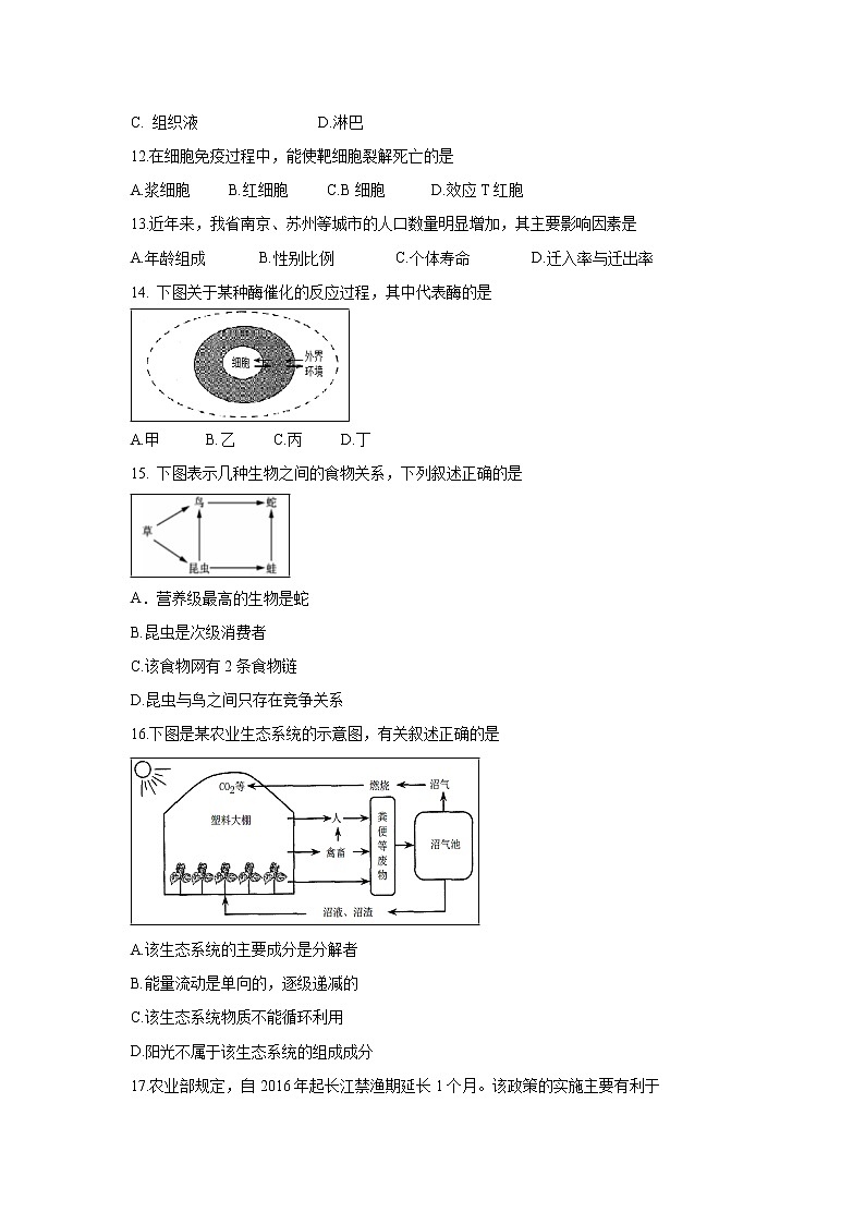 【生物】江苏省淮安市涟水县第一中学2018-2019学年高二12月月考试题（必修）03