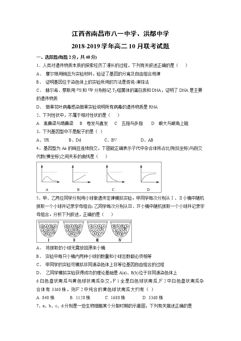 【生物】江西省南昌市八一中学、洪都中学2018-2019学年高二10月联考试题01