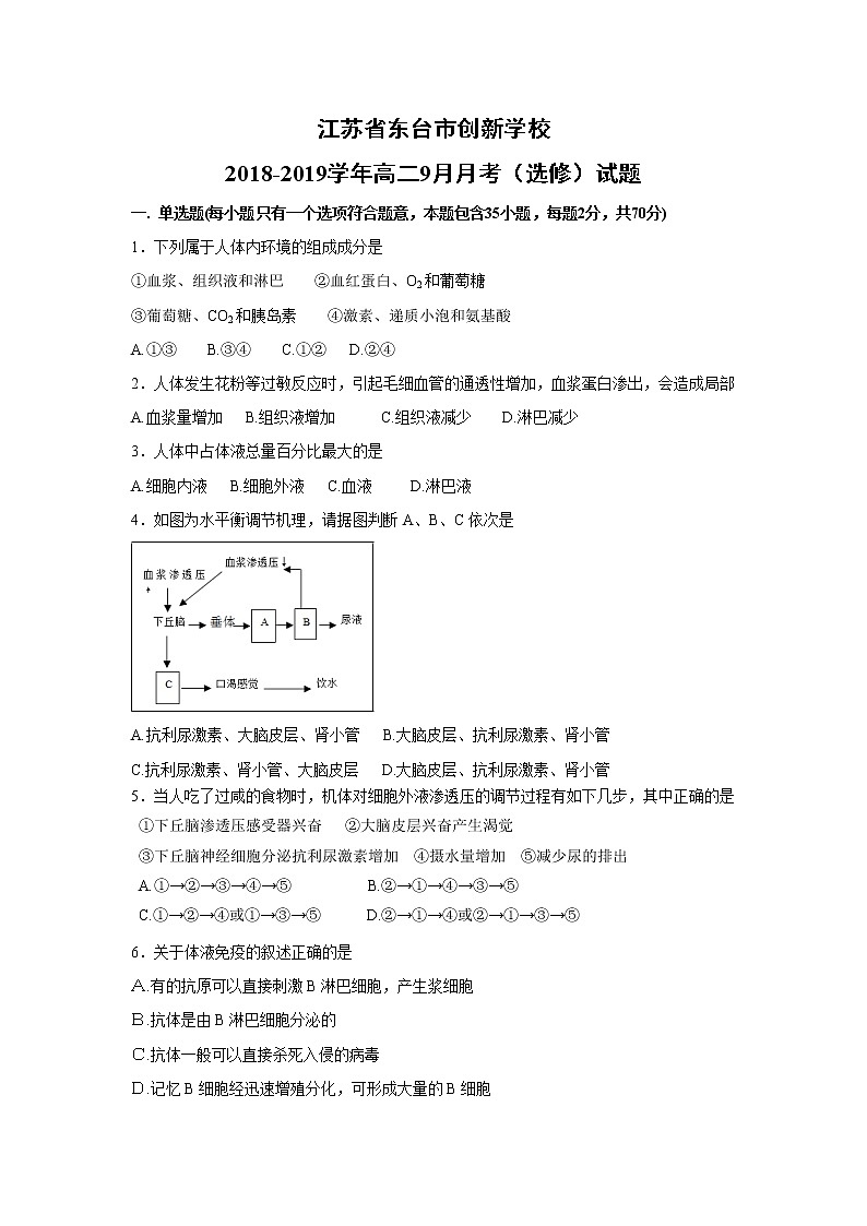 【生物】江苏省东台市创新学校2018-2019学年高二9月月考（选修）试题第1页