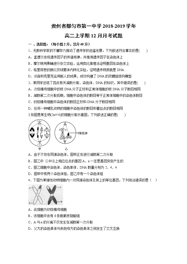 【生物】贵州省都匀市第一中学2018-2019学年高二上学期12月月考试题01