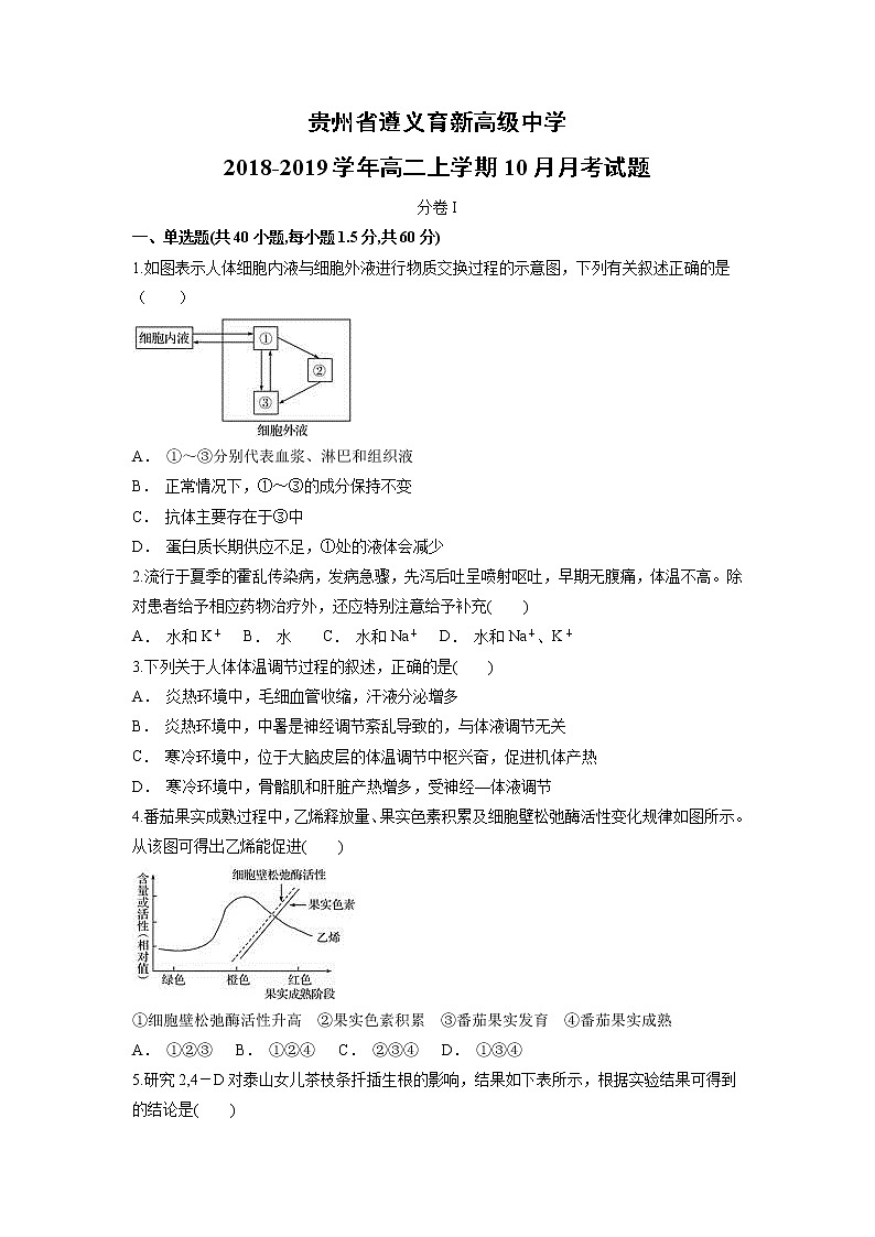【生物】贵州省遵义育新高级中学2018-2019学年高二上学期10月月考试题01