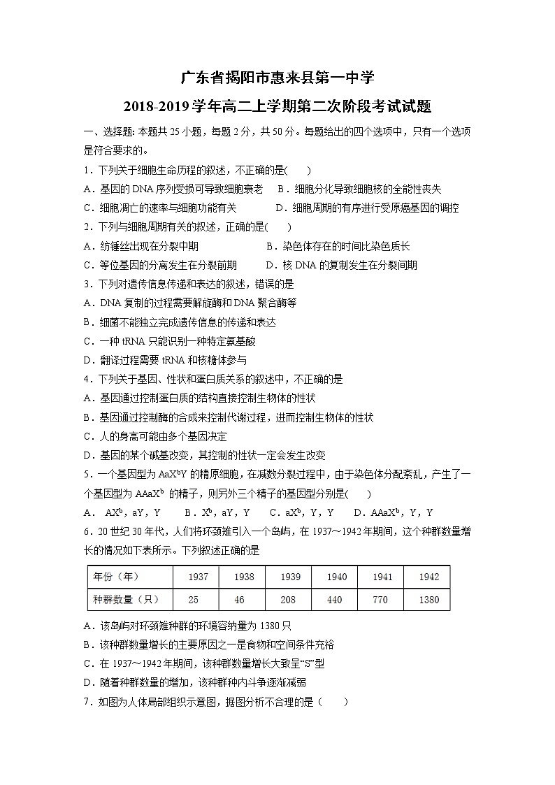 【生物】广东省揭阳市惠来县第一中学2018-2019学年高二上学期第二次阶段考试试题01