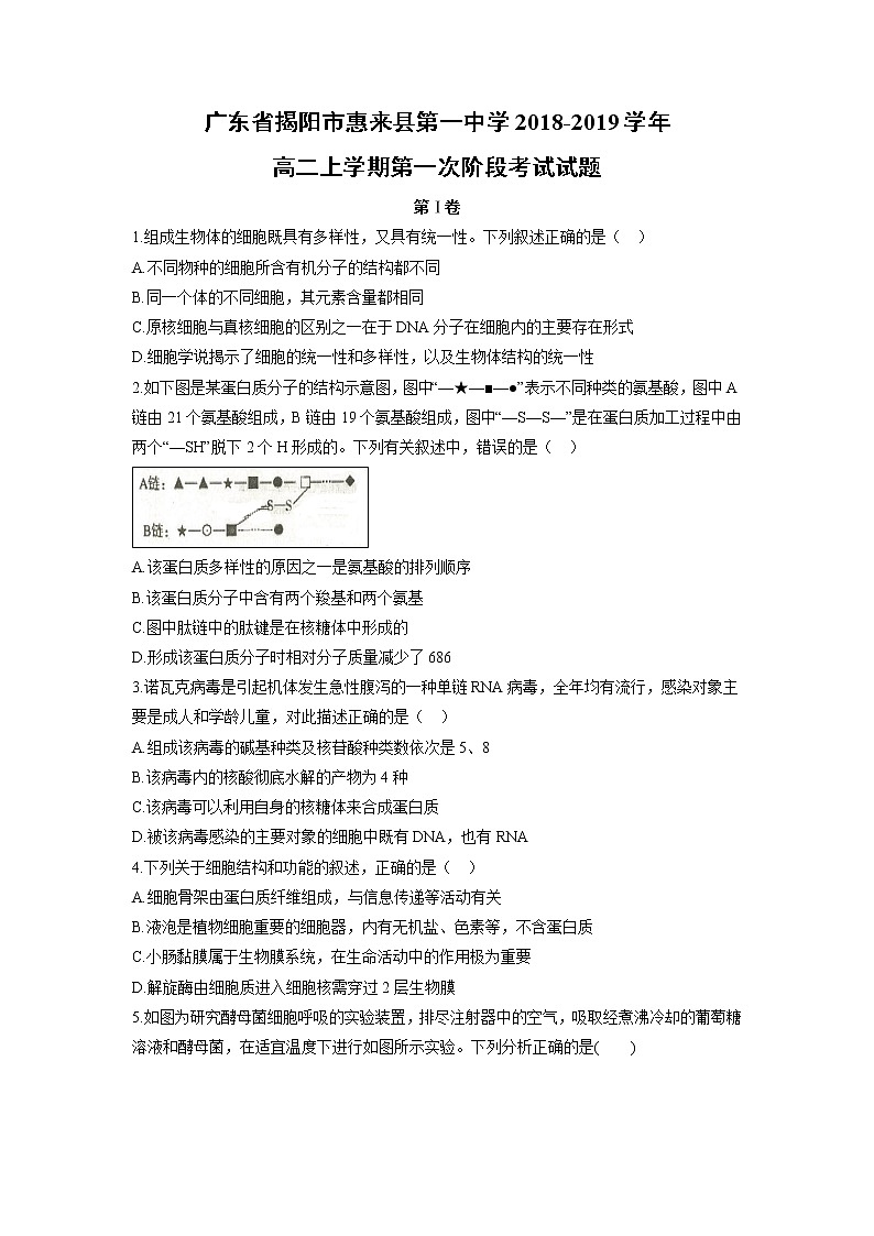 【生物】广东省揭阳市惠来县第一中学2018-2019学年高二上学期第一次阶段考试试题01