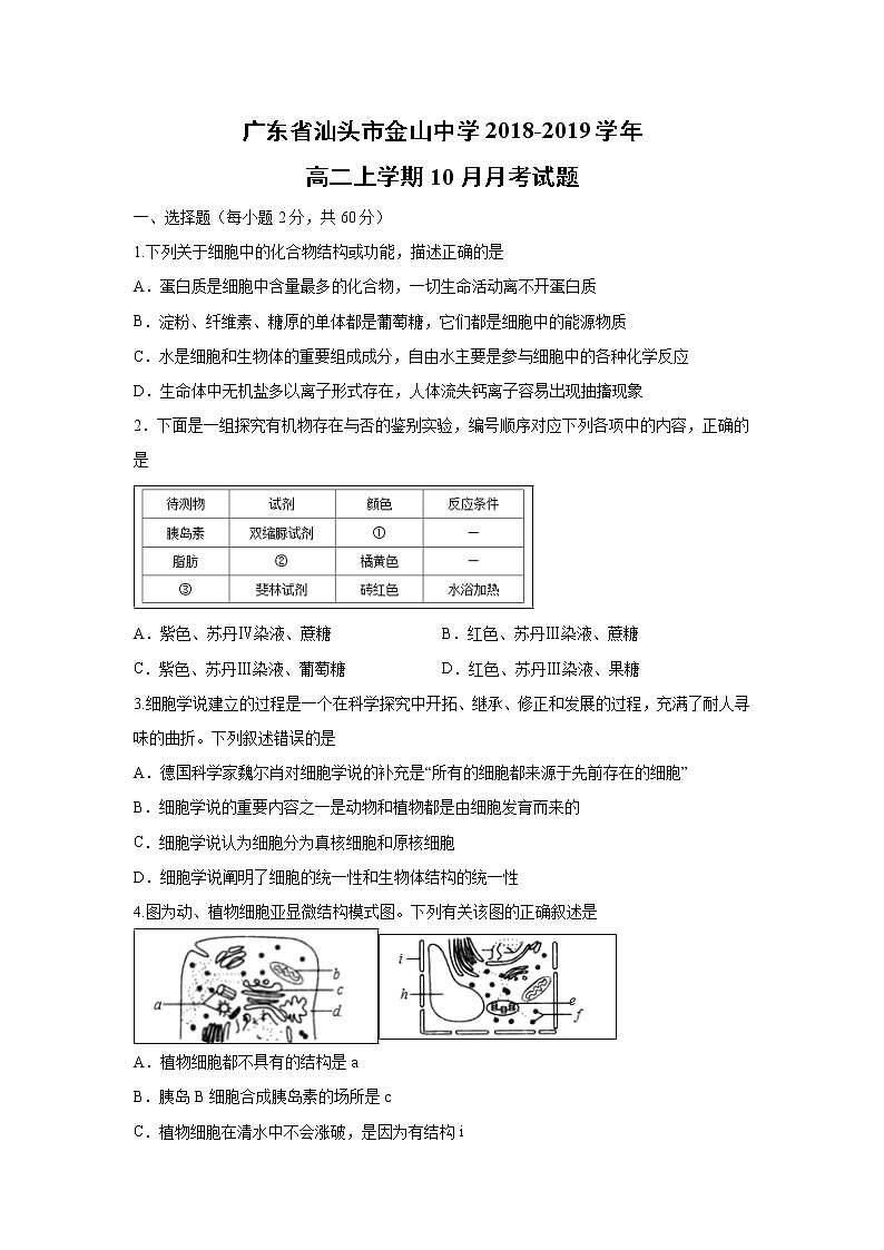 【生物】广东省汕头市金山中学2018-2019学年高二上学期10月月考试题第1页
