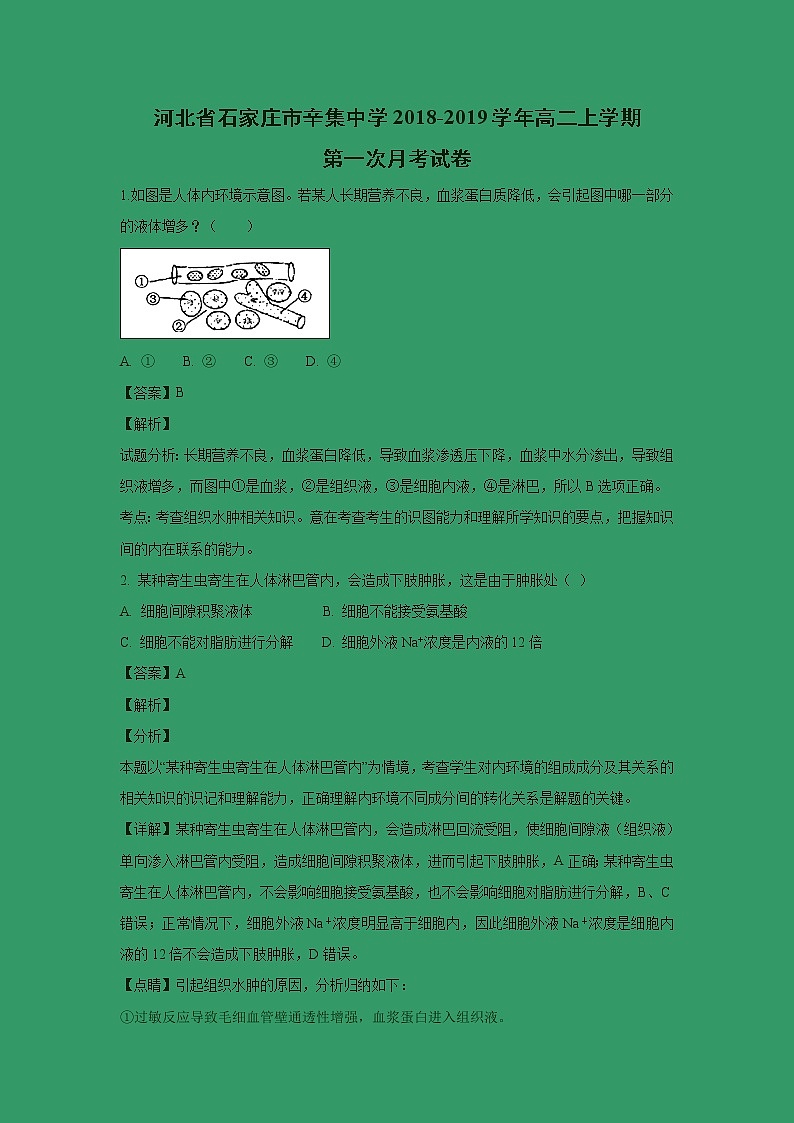 【生物】河北省石家庄市辛集中学2018-2019学年高二上学期第一次月考试卷 （解析版）01