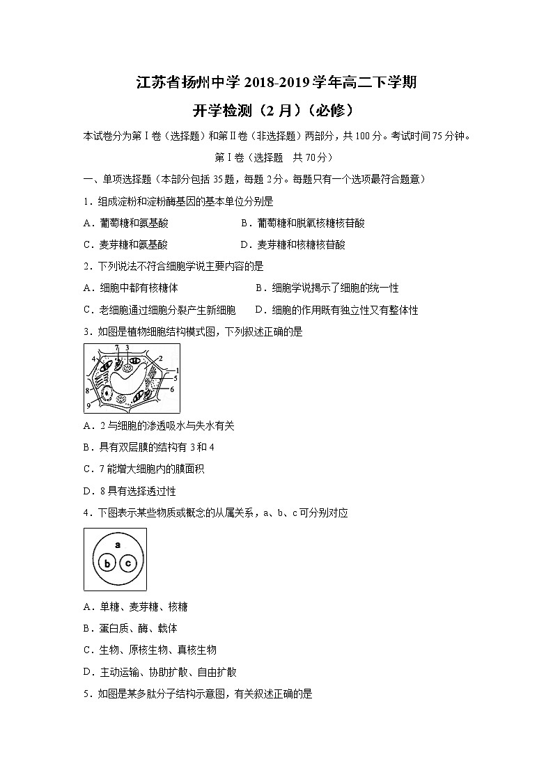 【生物】江苏省扬州中学2018-2019学年高二下学期开学检测（2月） （必修）01