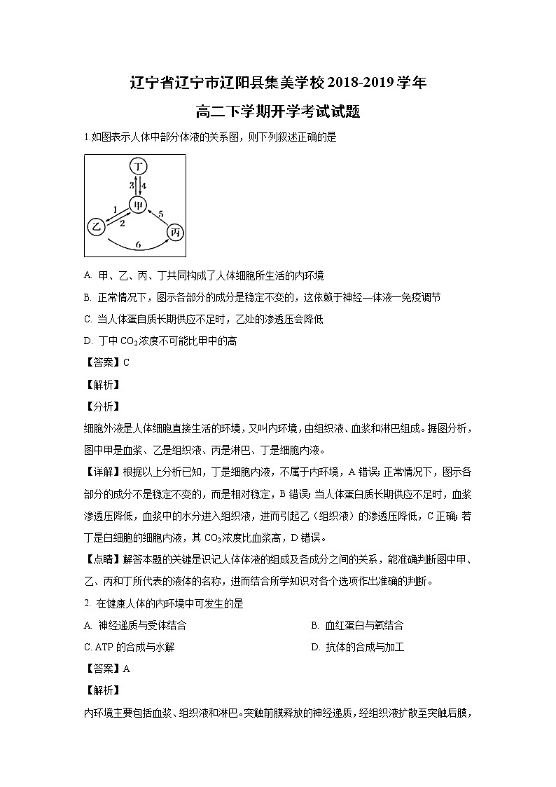 【生物】辽宁省辽宁市辽阳县集美学校2018-2019学年高二下学期开学考试试题（解析版）第1页