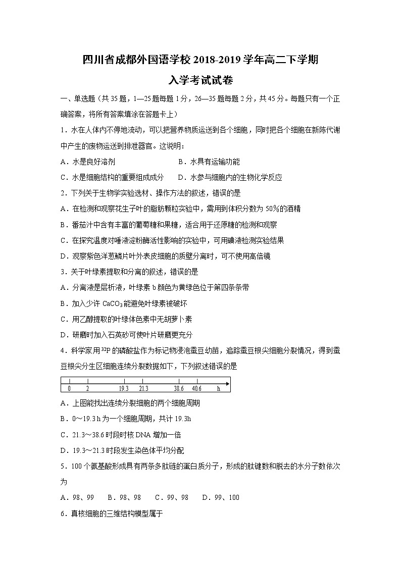 【生物】四川省成都外国语学校2018-2019学年高二下学期入学考试试卷第1页