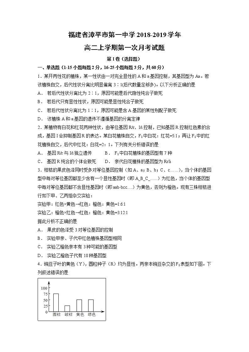 【生物】福建省漳平市第一中学2018-2019学年高二上学期第一次月考试题01