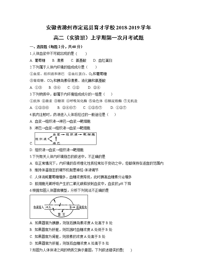 【生物】安徽省滁州市定远县育才学校2018-2019学年高二（实验班）上学期第一次月考试题第1页