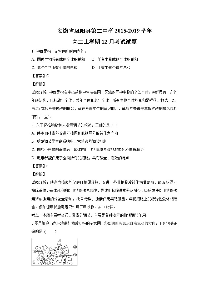 【生物】安徽省凤阳县第二中学2018-2019学年高二上学期12月考试试题（解析版）第1页