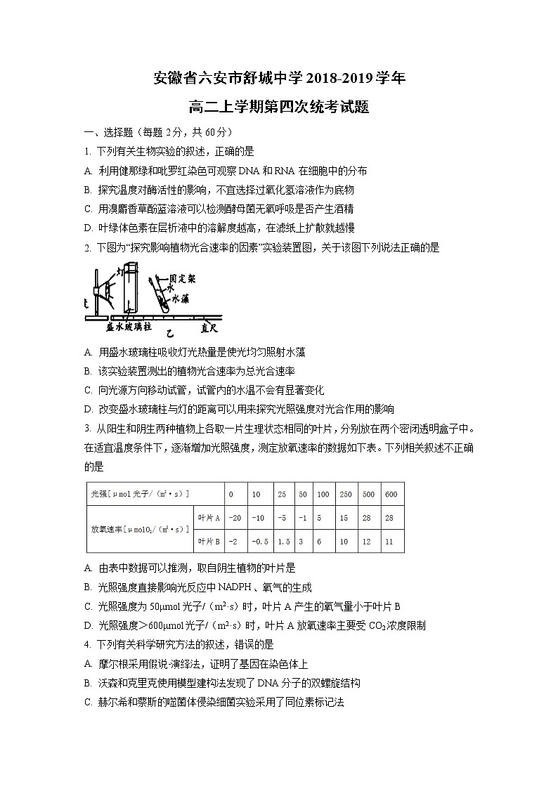 【生物】安徽省六安市舒城中学2018-2019学年高二上学期第四次统考试题01
