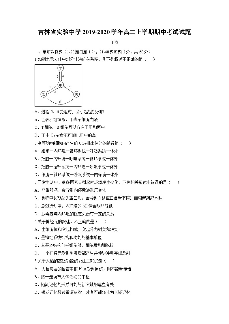 【生物】吉林省实验中学2019-2020学年高二上学期期中考试试题01