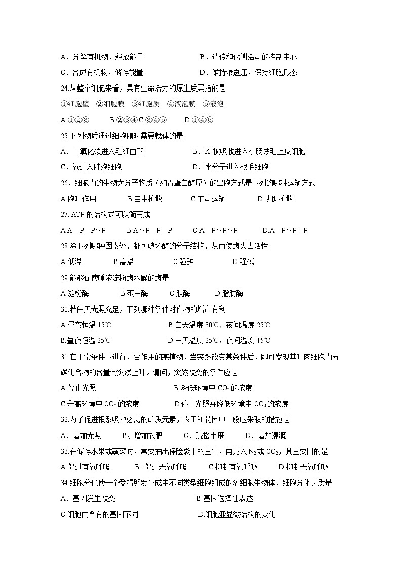 【生物】江苏省大丰市新丰中学2019-2020学年高二上学期期中考试试题（必修）03