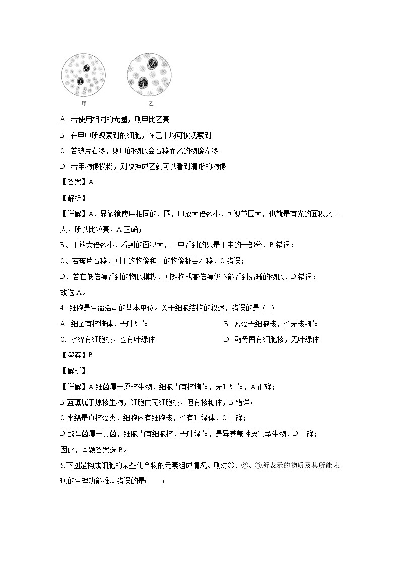 【生物】甘肃省武威市一中学2019-2020学年高二上学期期中考试试题（解析版）02