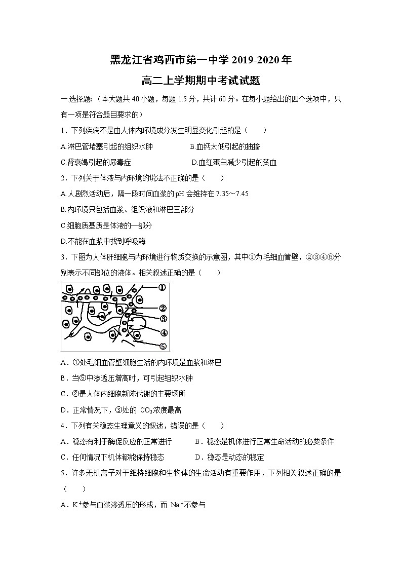 【生物】黑龙江省鸡西市第一中学2019-2020年高二上学期期中考试试题01