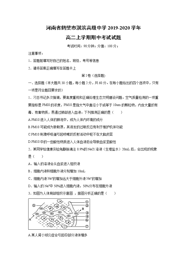【生物】河南省鹤壁市淇滨高级中学2019-2020学年高二上学期期中考试试题（解析版）01