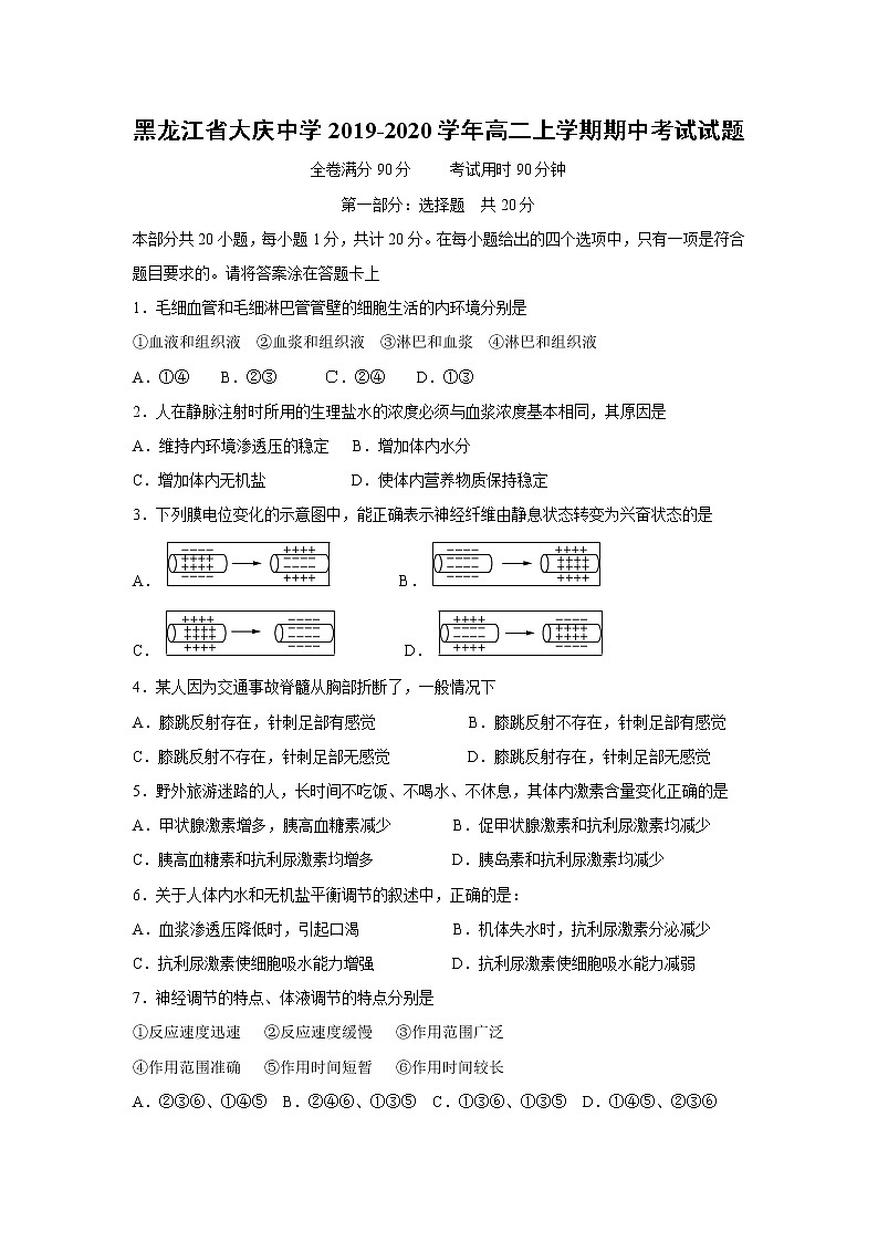 【生物】黑龙江省大庆中学2019-2020学年高二上学期期中考试试题01