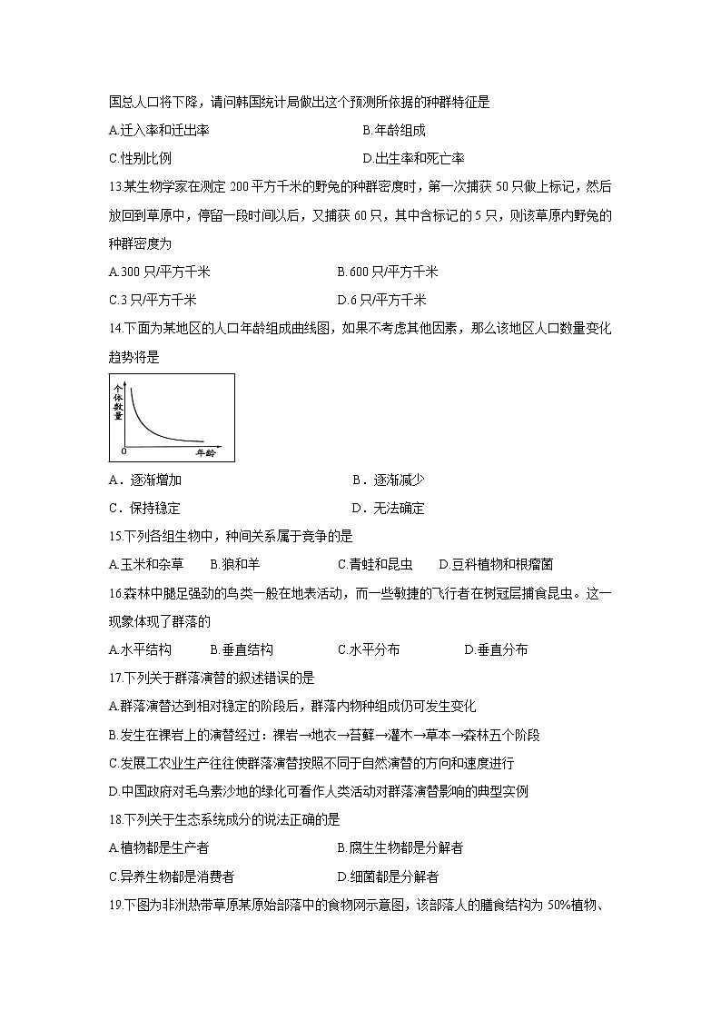 【生物】江苏省盐城中学2019-2020学年高二上学期期中考试（选修）试题03