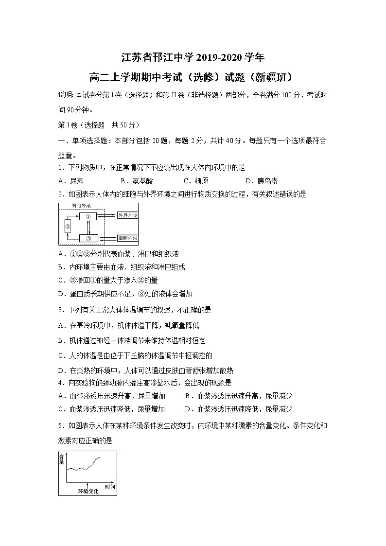 【生物】江苏省邗江中学2019-2020学年高二上学期期中考试（选修）试题（新疆班）01