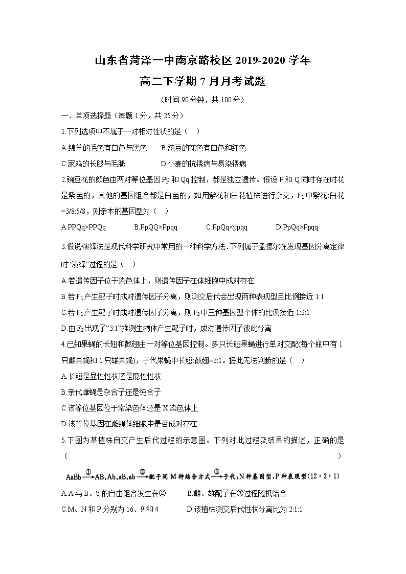 【生物】山东省菏泽一中南京路校区2019-2020学年高二下学期7月月考试题第1页