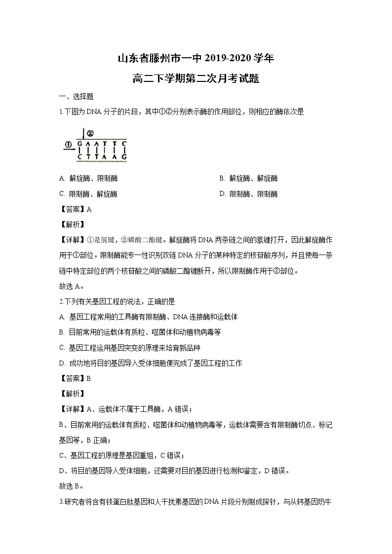 【生物】山东省滕州市一中2019-2020学年高二下学期第二次月考试题（解析版）01