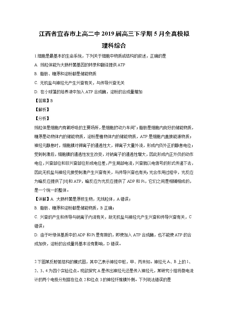【生物】江西省宜春市上高二中2019届高三下学期5月全真模拟理科综合（解析版）第1页