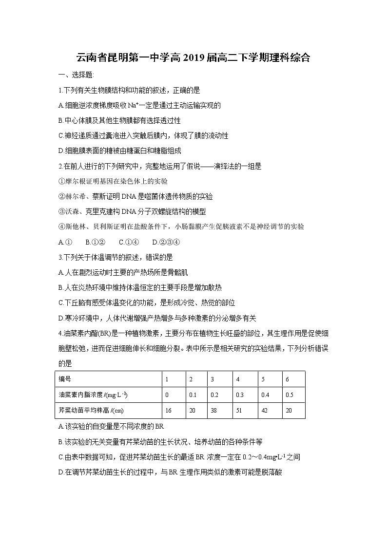 【生物】云南省昆明第一中学高2019届高二下学期理科综合 试卷01
