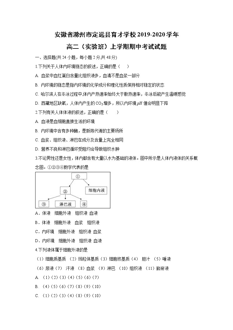 【生物】安徽省滁州市定远县育才学校2019-2020学年高二（实验班）上学期期中考试试题01