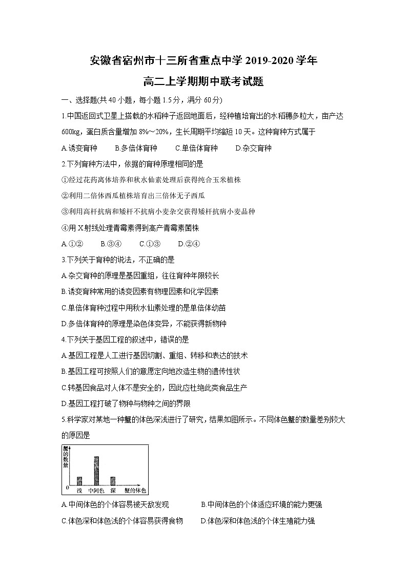 【生物】安徽省宿州市十三所省重点中学2019-2020学年高二上学期期中联考试题01