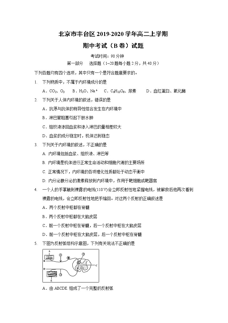 【生物】北京市丰台区2019-2020学年高二上学期期中考试（B卷）试题01