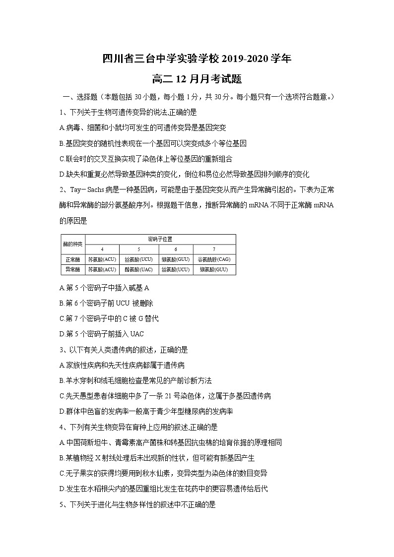 【生物】四川省三台中学实验学校2019-2020学年高二12月月考试题第1页