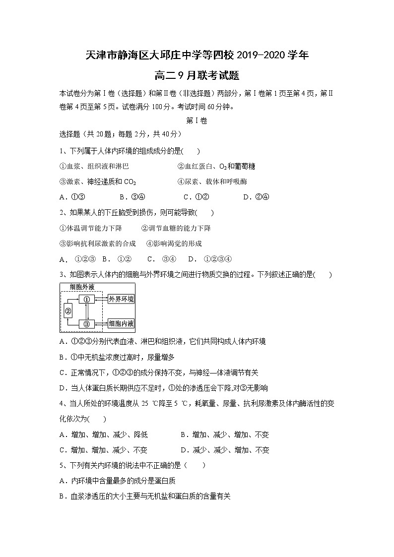 【生物】天津市静海区大邱庄中学等四校2019-2020学年高二9月联考试题01