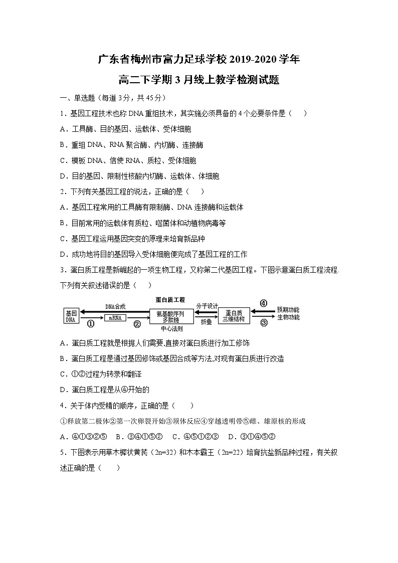 【生物】广东省梅州市富力足球学校2019-2020学年高二下学期3月线上教学检测试题第1页