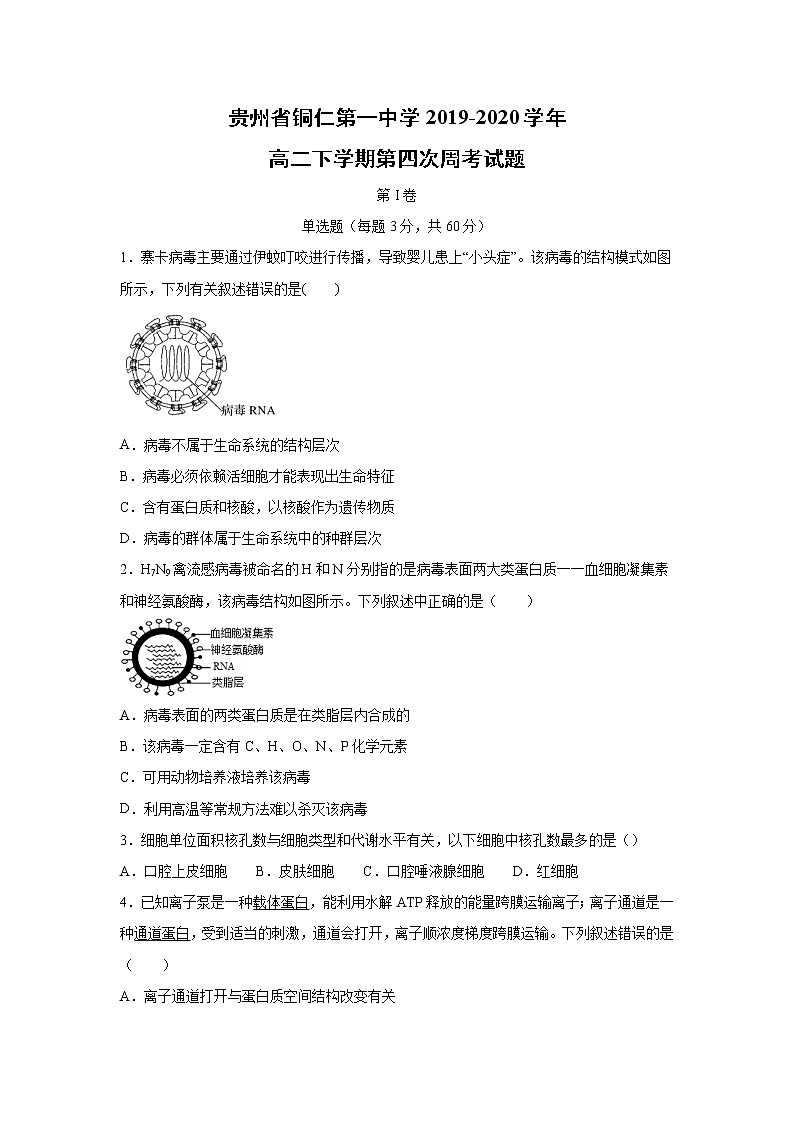 【生物】贵州省铜仁第一中学2019-2020学年高二下学期第四次周考试题01